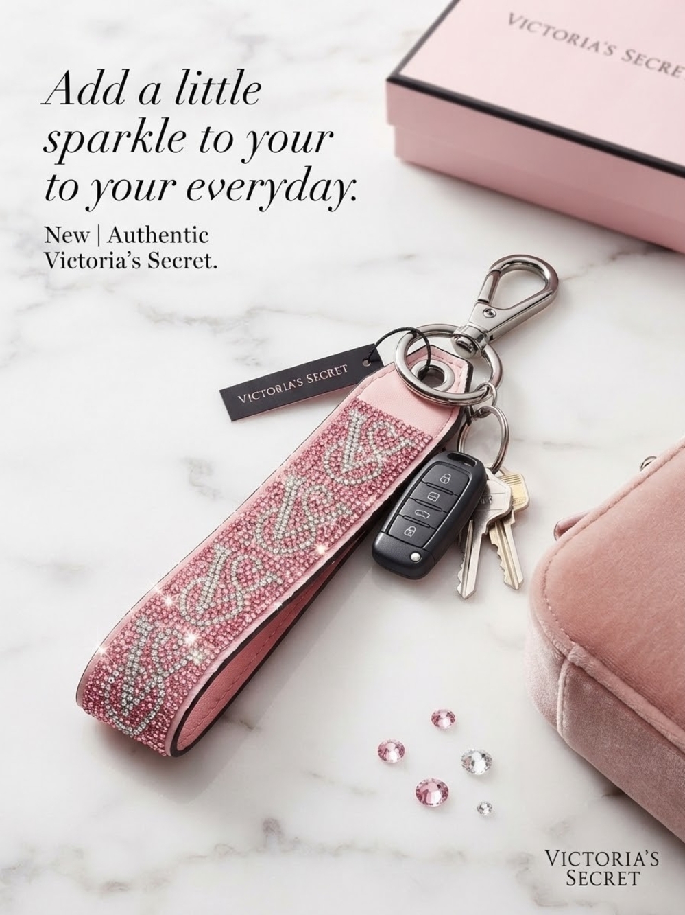 Victoria's Secret VS Bling Rhinestone Wristlet Strap Keychain Pink Script Logo